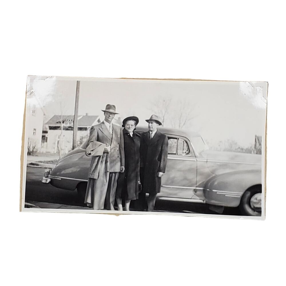 Vtg Friends with Vehicle Behind Original Monochrome Photography Found Snapshot